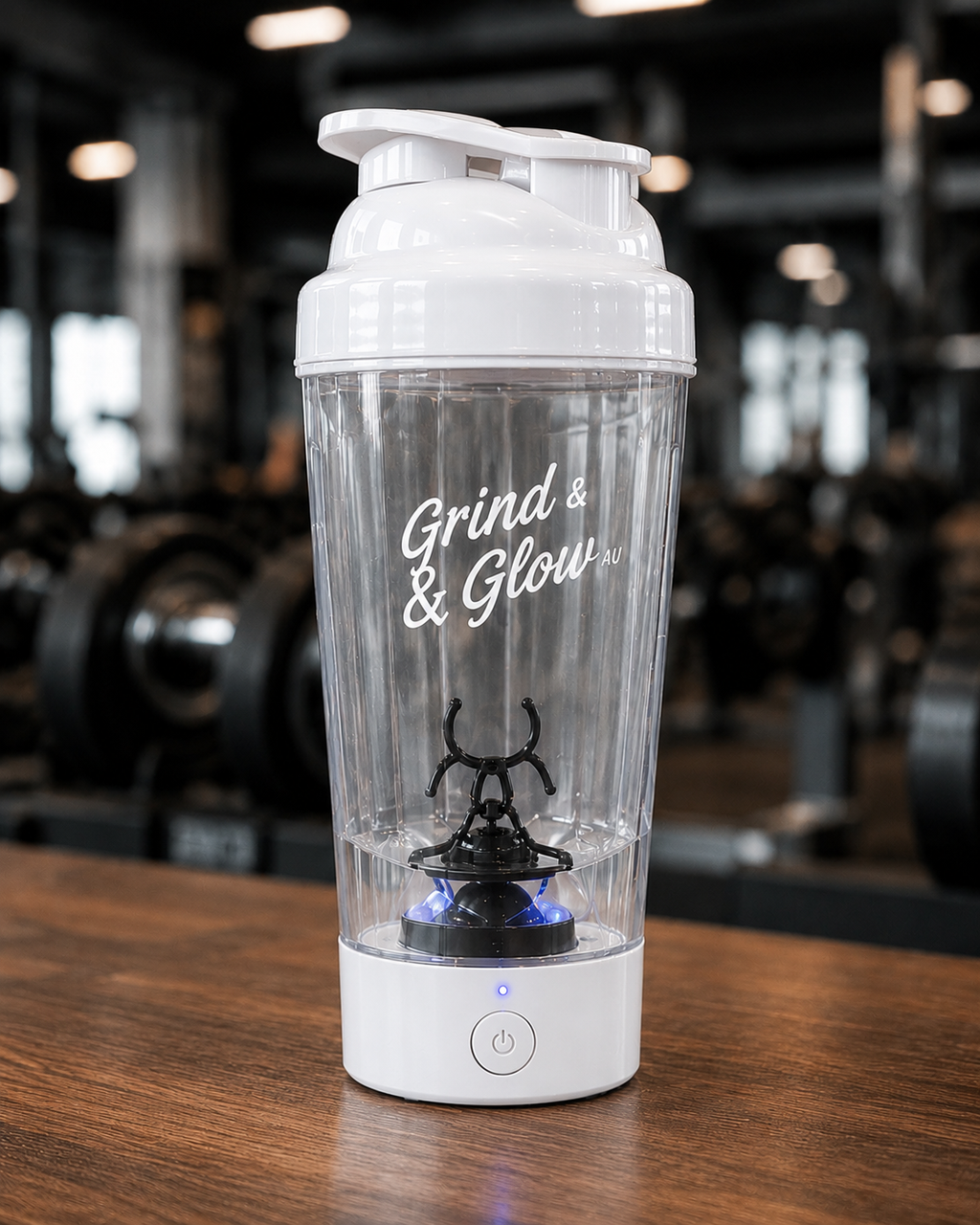 Grind & Glow AU Electric Protein Shaker Bottle – White Edition