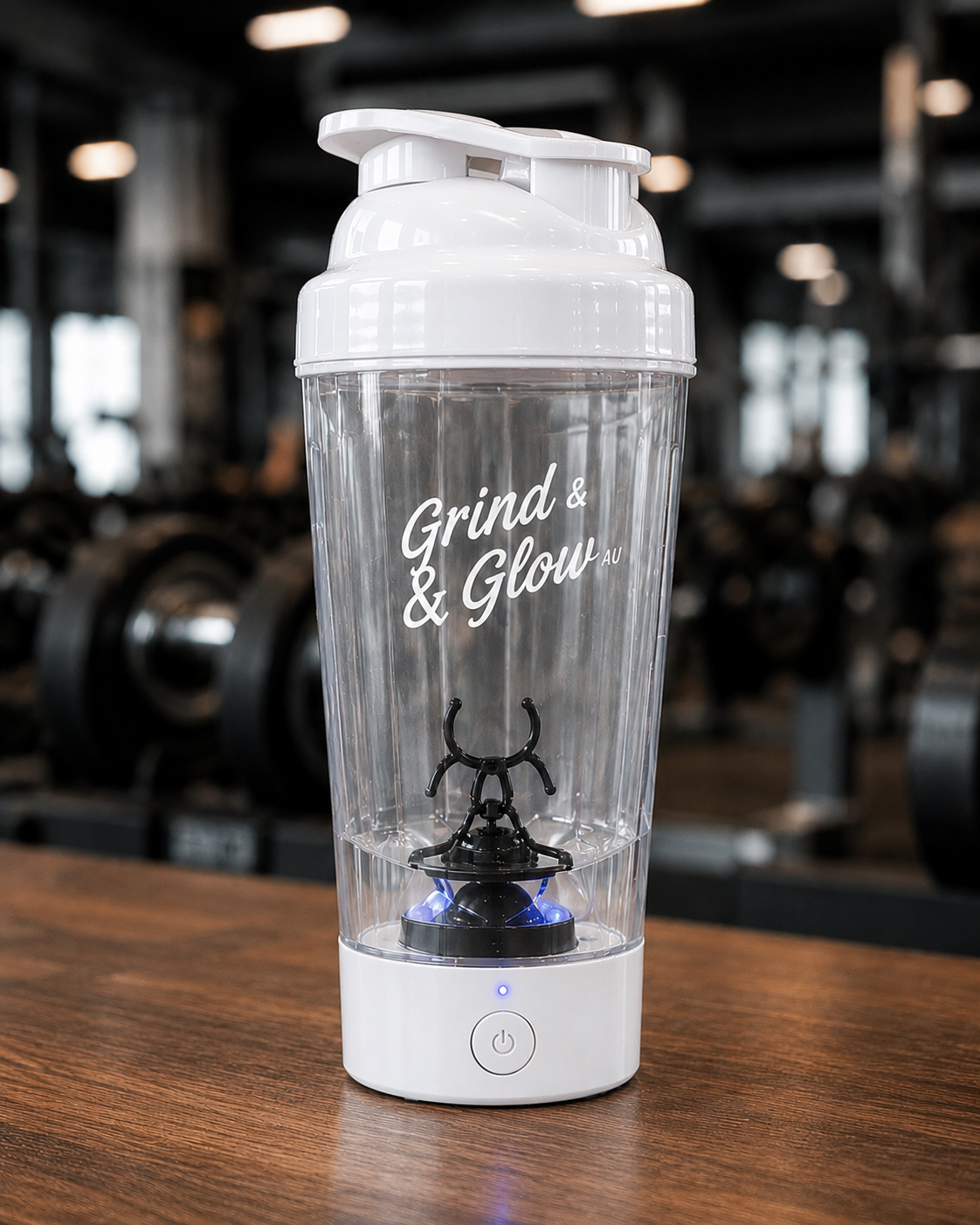 Grind & Glow AU Electric Protein Shaker Bottle – White Edition