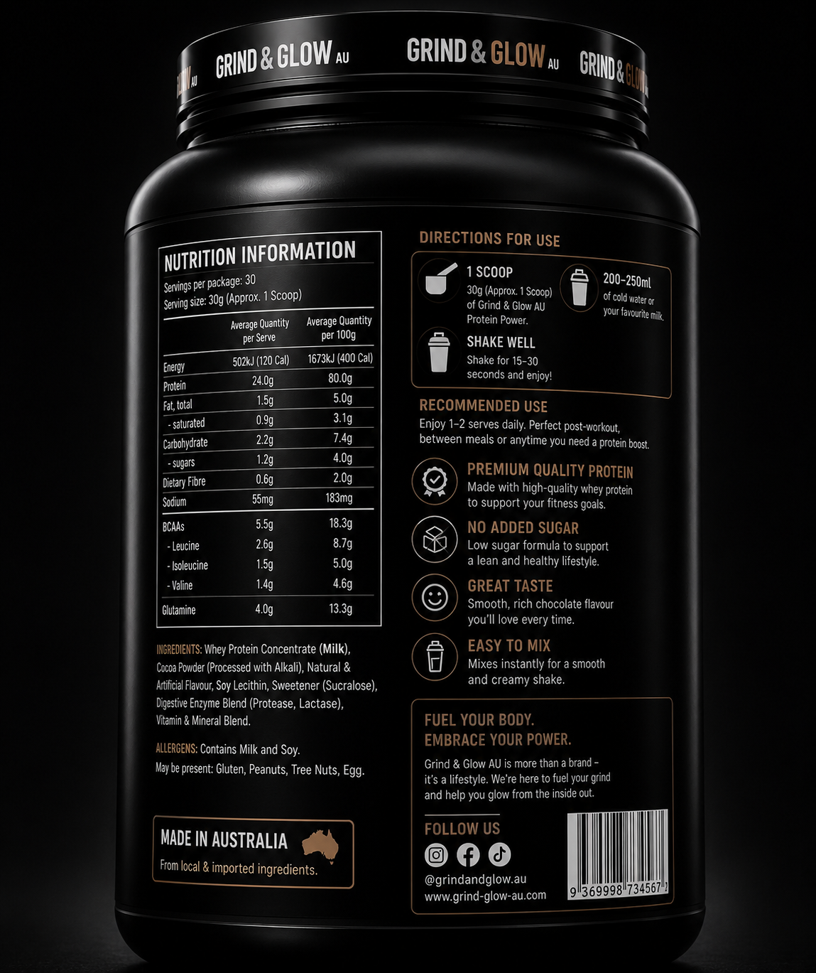 Grind & Glow AU Protein Power – Chocolate Premium Whey Protein