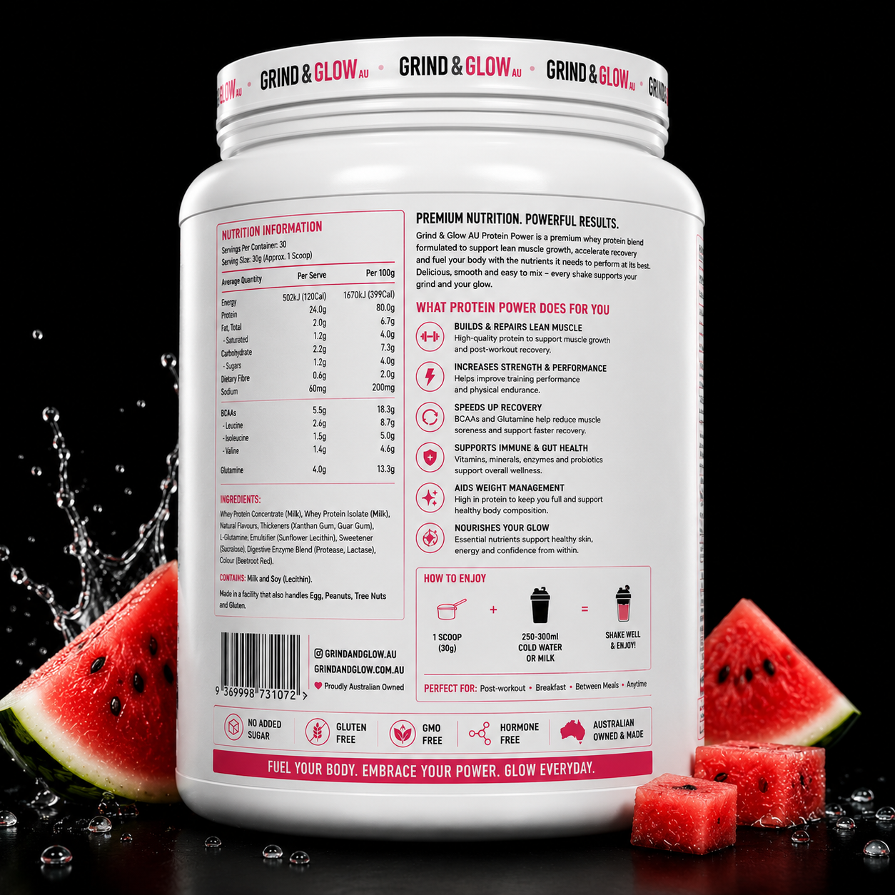 Grind & Glow AU Protein Power – Watermelon Premium Whey Protein