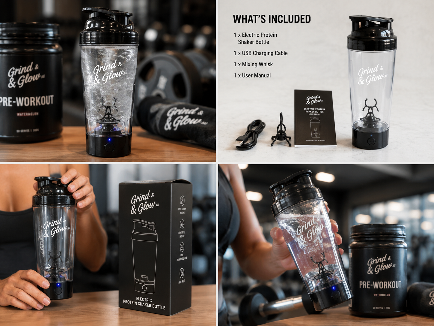 Grind & Glow AU Electric USB Protein Shaker Bottle