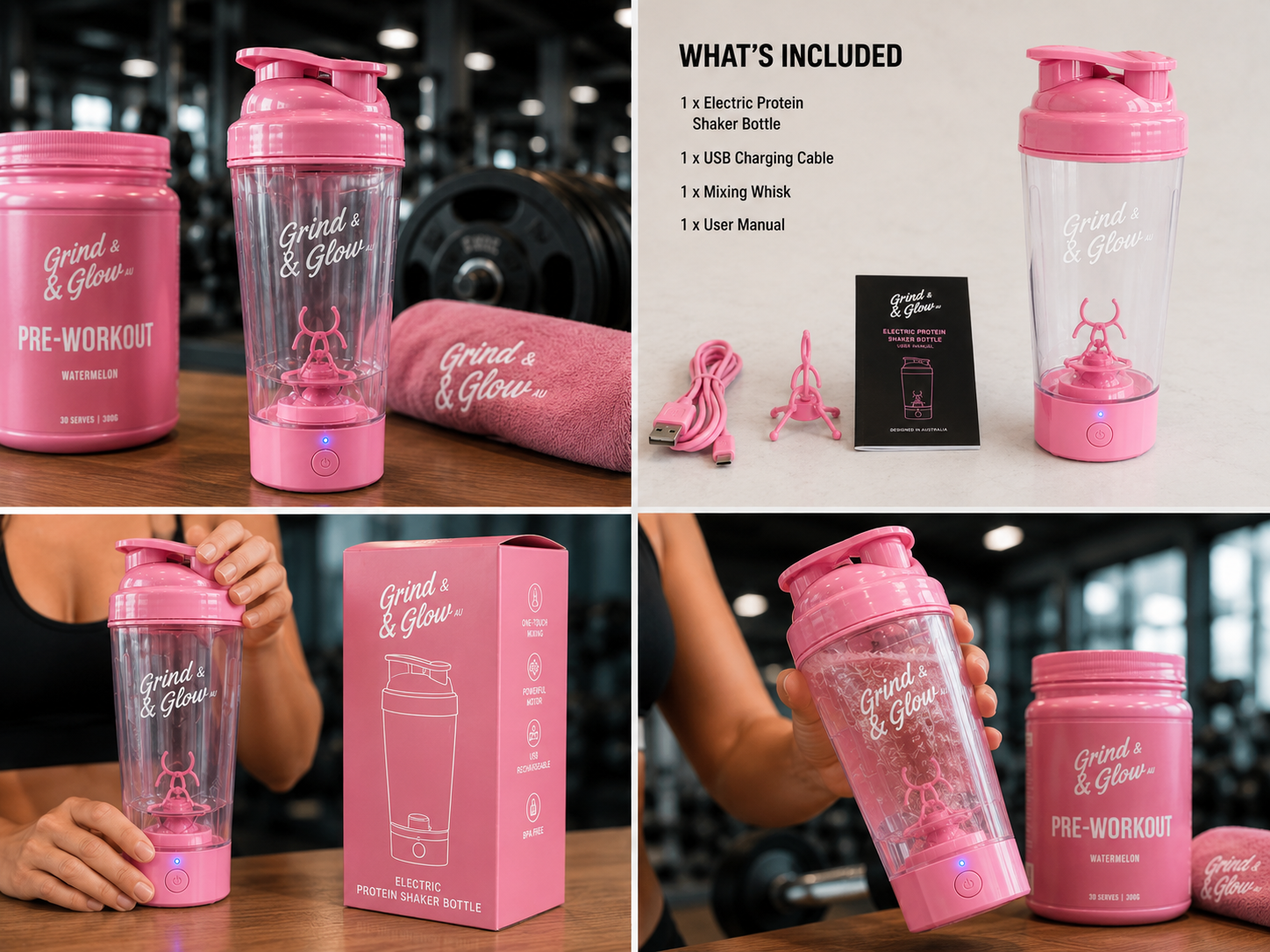 Grind & Glow AU Electric Protein Shaker Bottle – Pink Edition