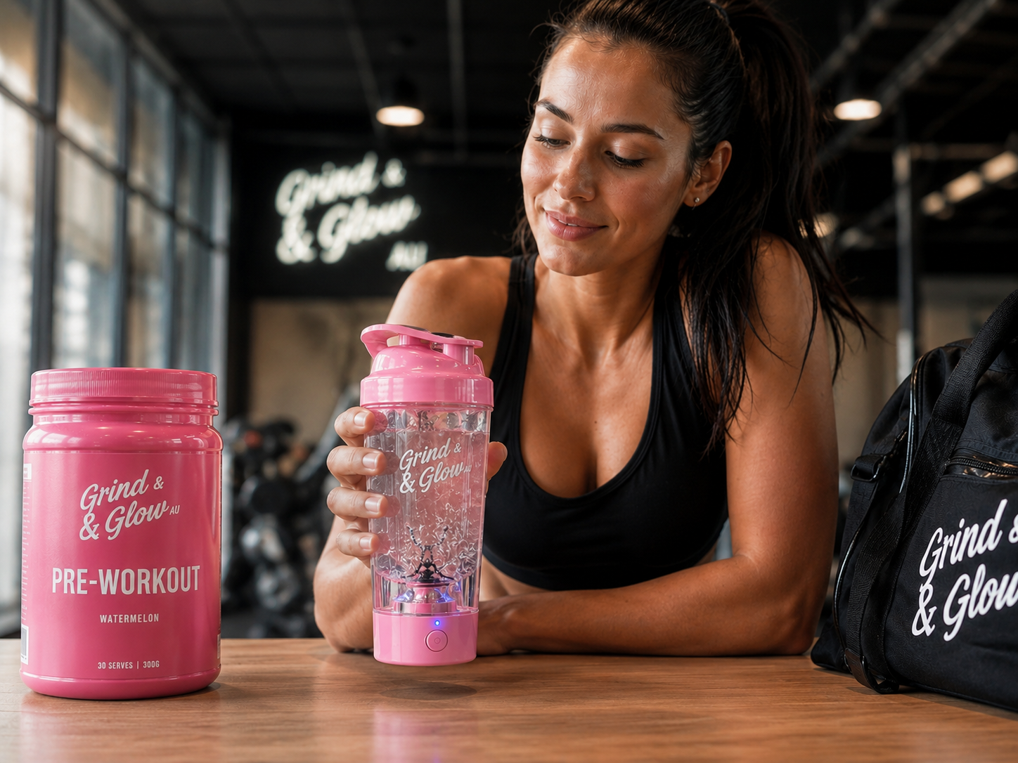 Grind & Glow AU Electric Protein Shaker Bottle – Pink Edition
