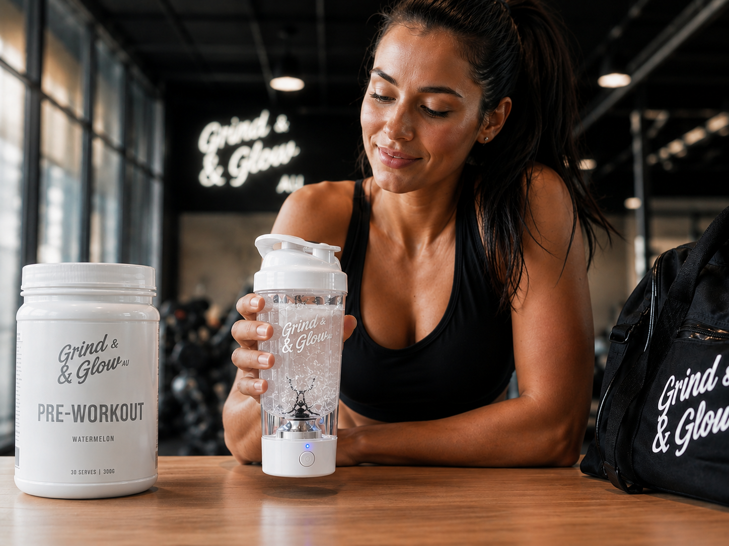 Grind & Glow AU Electric Protein Shaker Bottle – White Edition