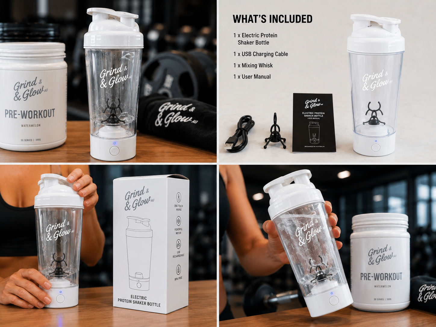 Grind & Glow AU Electric Protein Shaker Bottle – White Edition